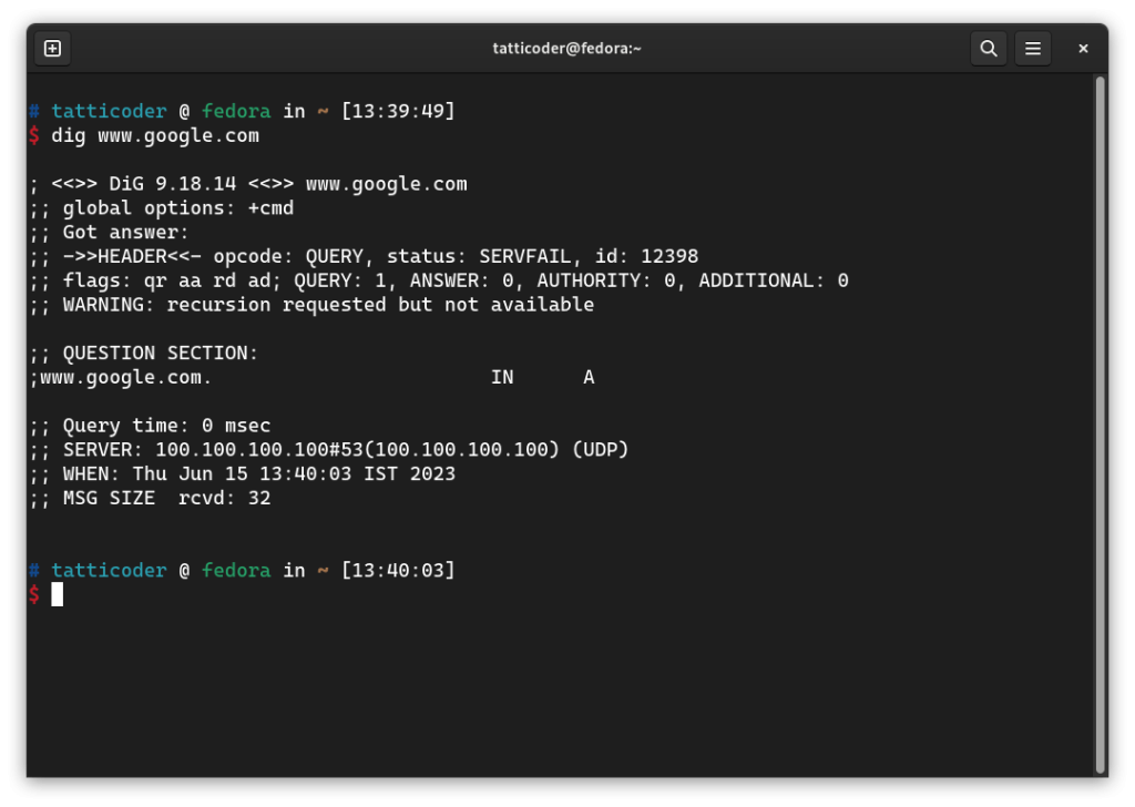 Failed DNS resolution using dig command to www.google.com