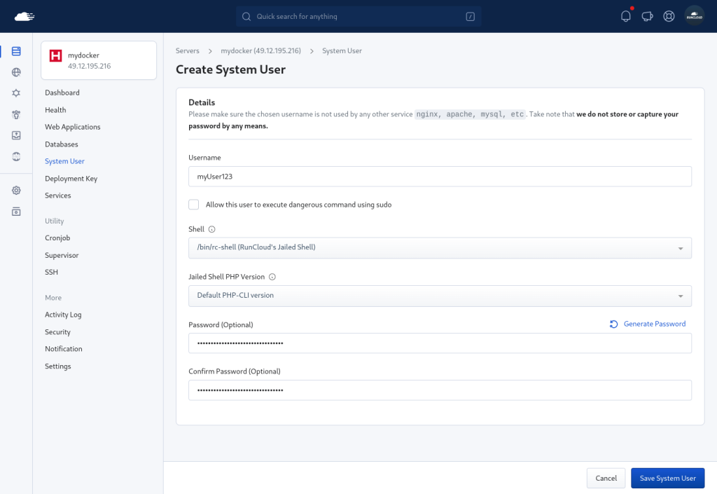 Creating a jailed ssh user on RunCloud