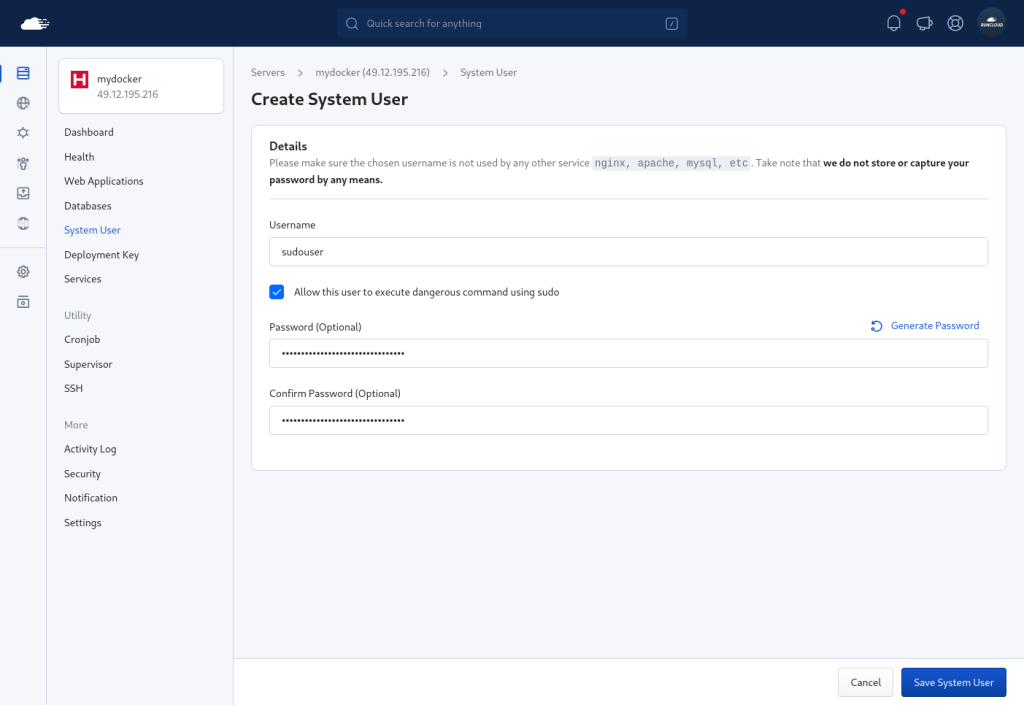 Creating a sudo user on RunCloud