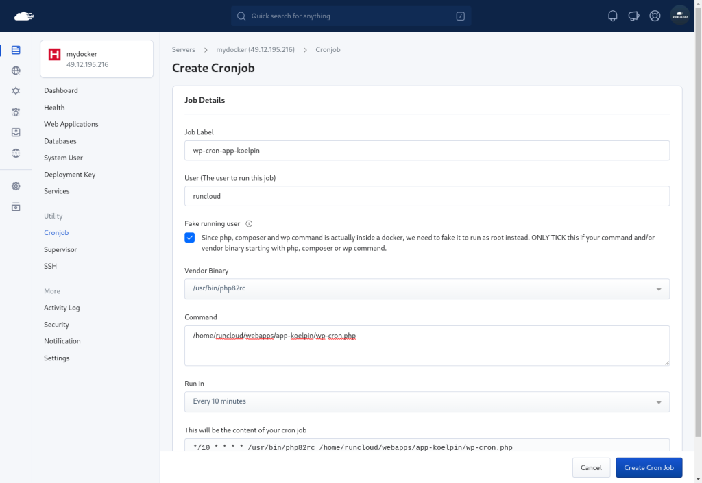 Creating a cron job in RunCloud.