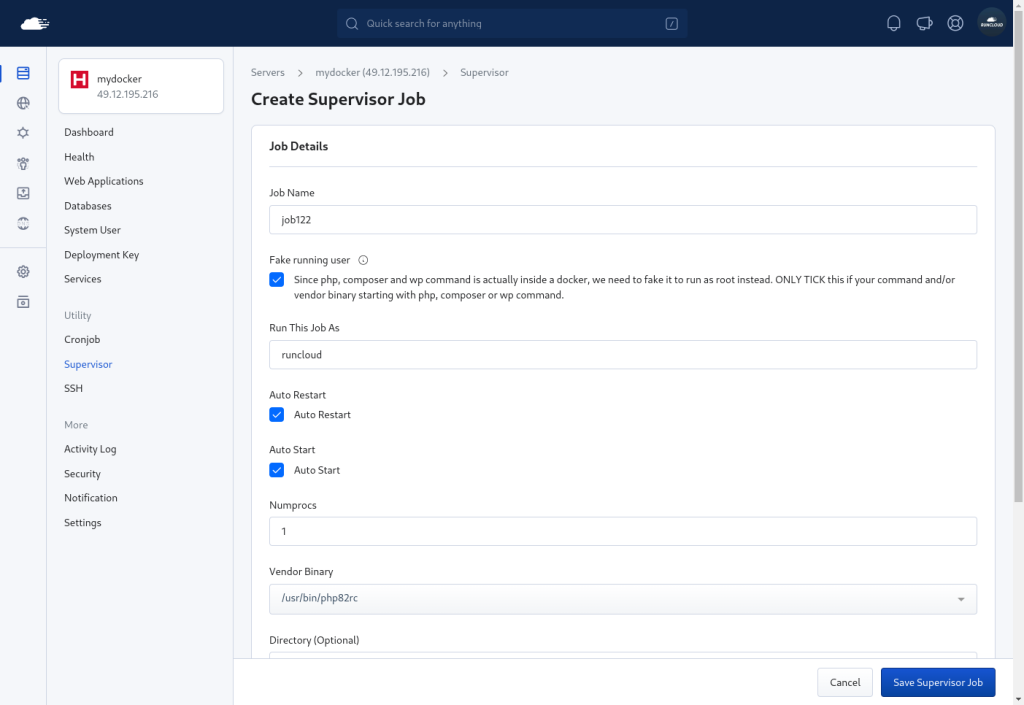Creating a supervisor job in RunCloud