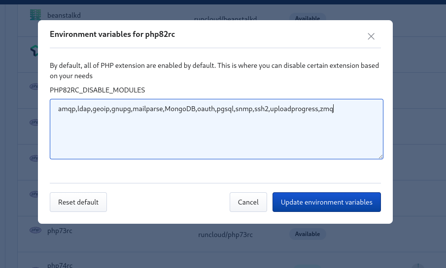 Screenshot of RunCloud environment variables form with Imagick removed from disabled list