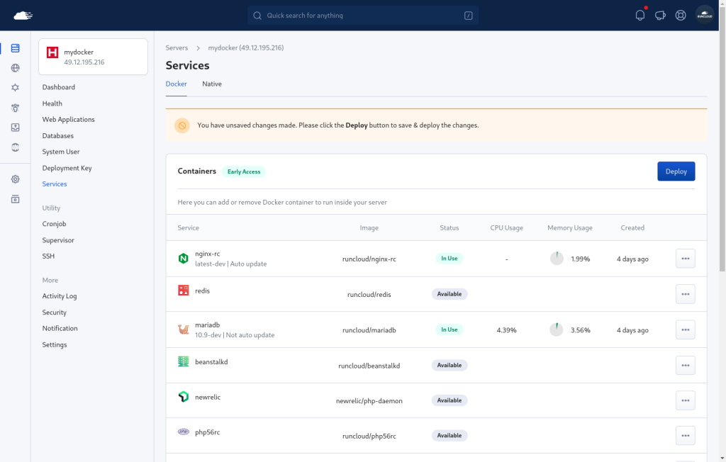 Screenshot of RunCloud deploy button and progress bar