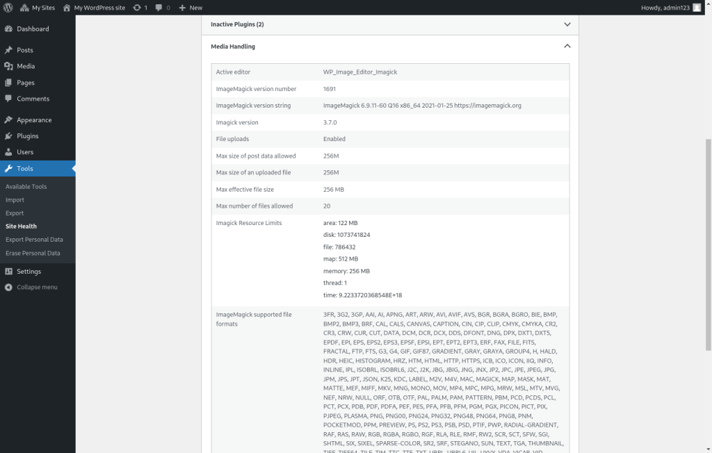 Screenshot of WordPress site health tool with Imagick enabled