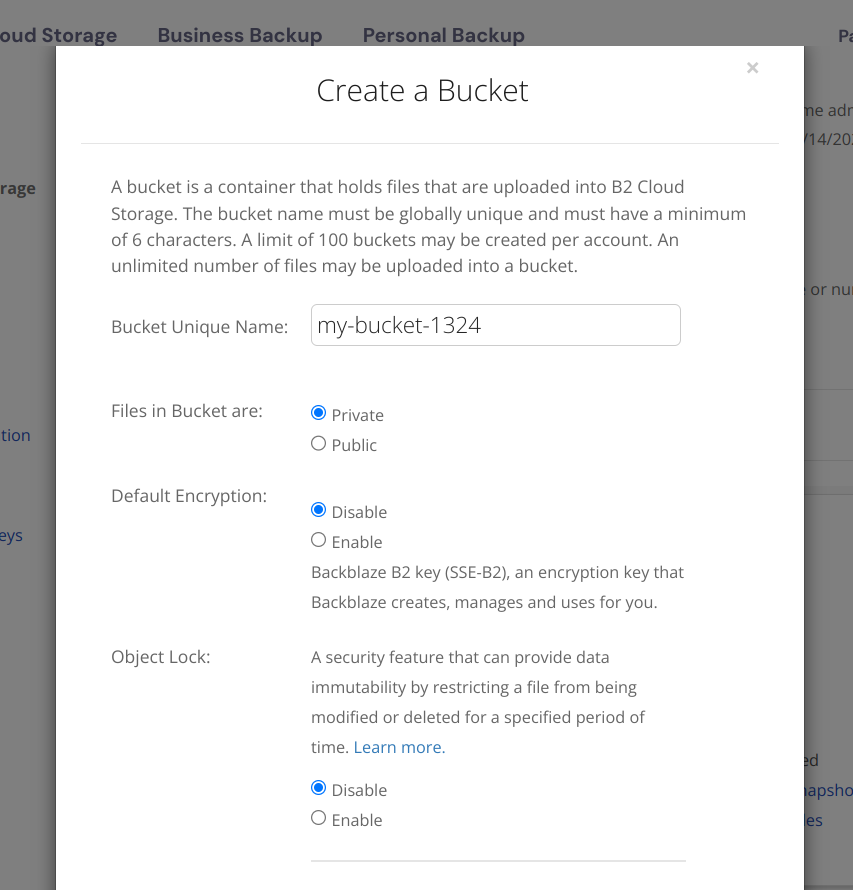 Creating a storage bucket on Backblaze