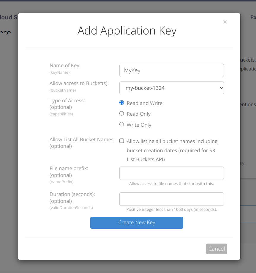 Creating an Application key on BlackBlaze