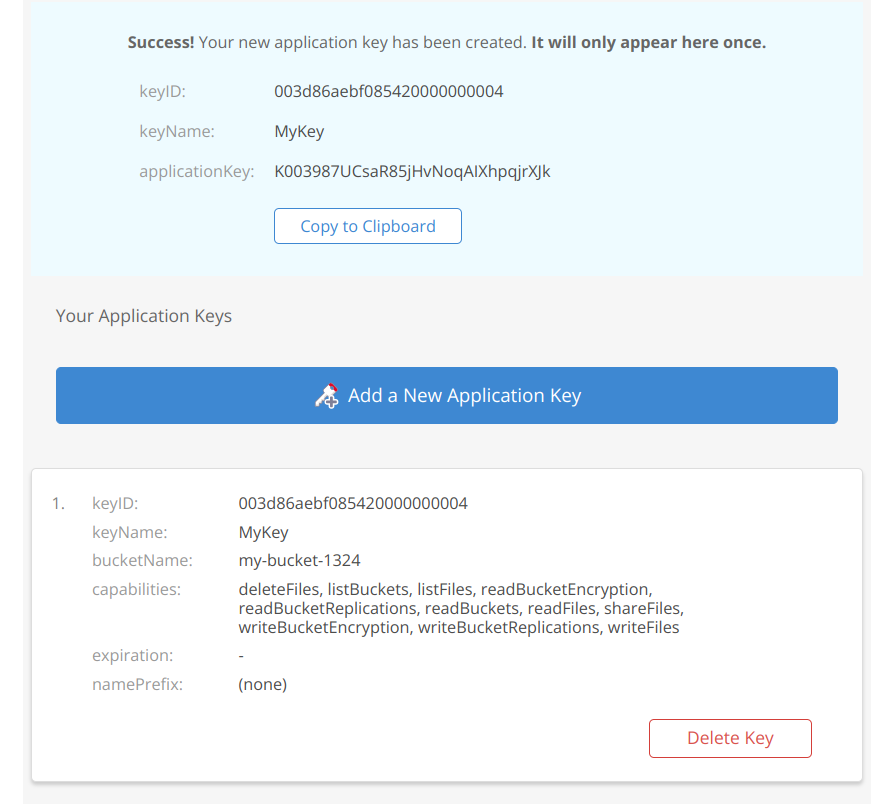 Viewing fresh API keys on Backblaze dashboard