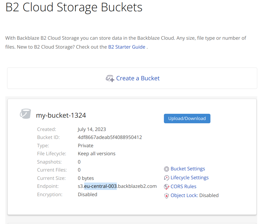 Checking bucket details on Backblaze dashboard.