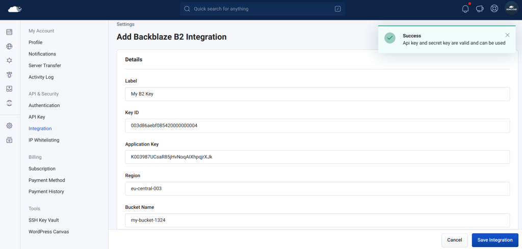 Adding BlackBlaze API keys on RunCloud dashboard.