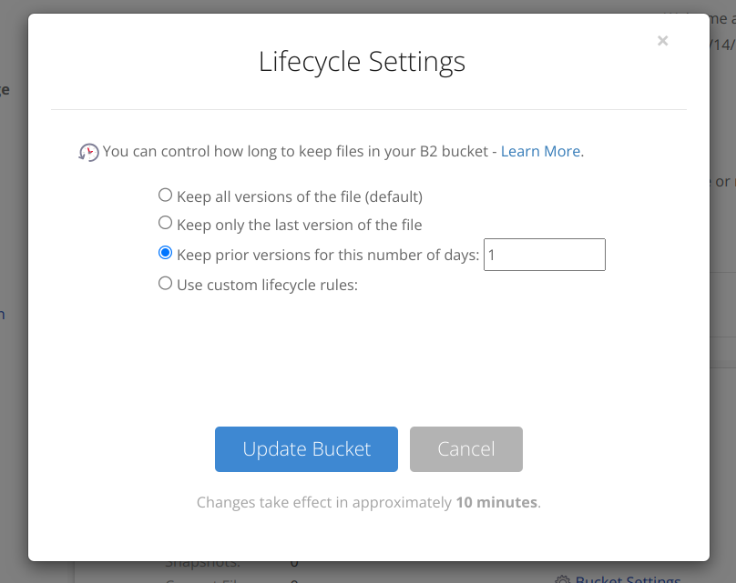 Updating BlackBlaze bucket lifecycle settings.