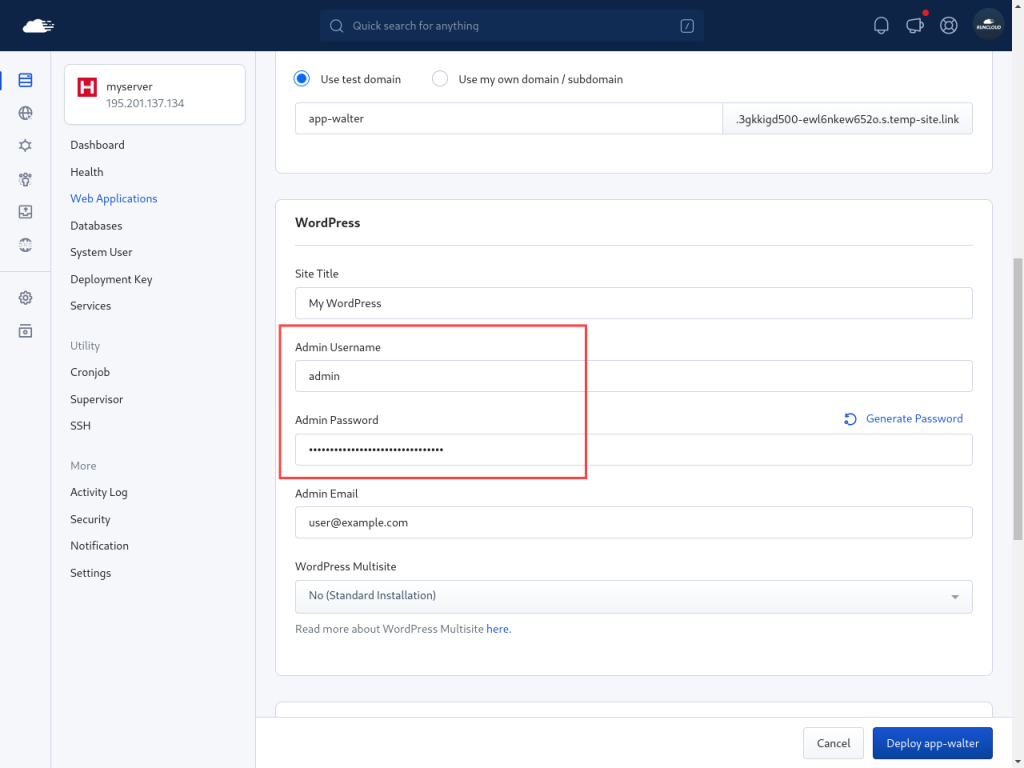 Specifying login credentials for a WordPress application