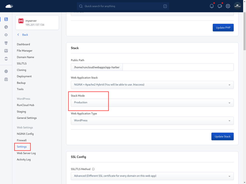 Changing stack mode on RunCloud dashboard