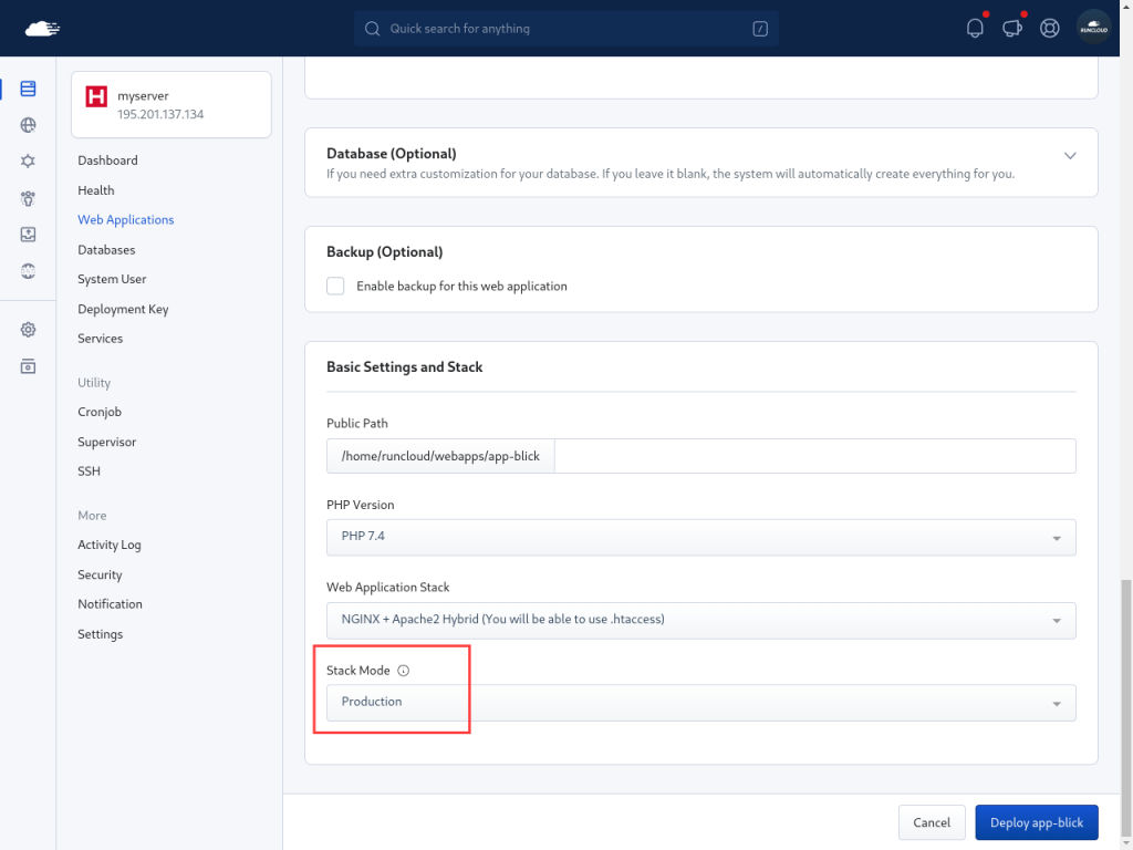 Specifying Stack mode on RunCloud dashboard