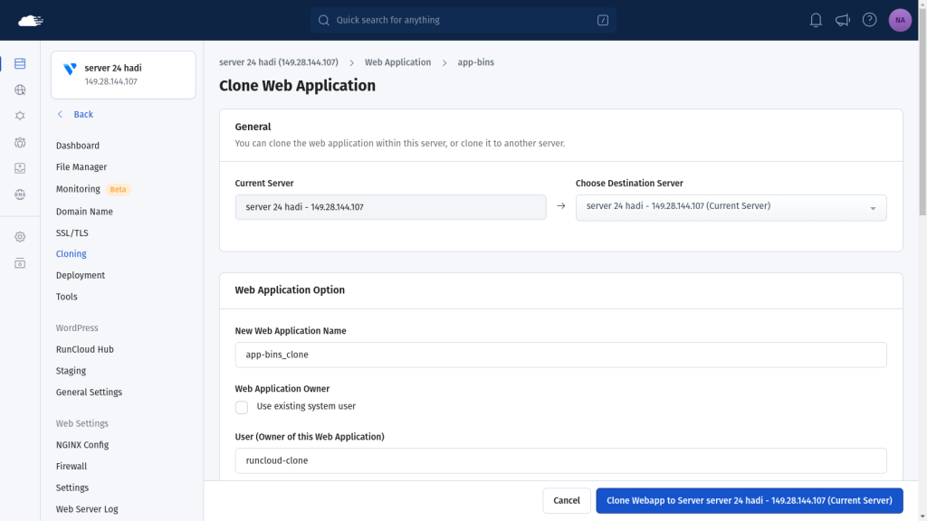 RunCloud clone dashboard