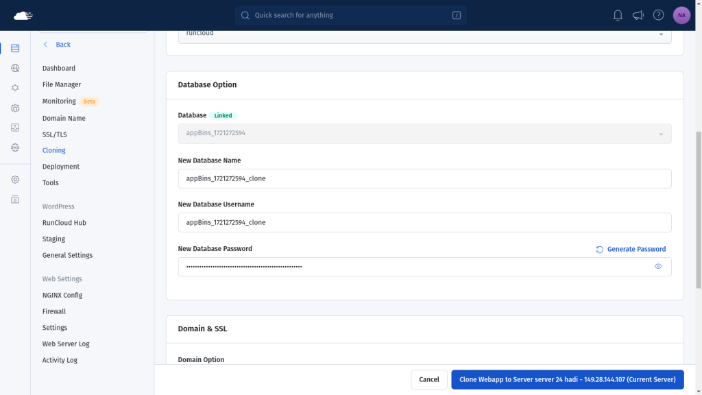 Clone database on RunCloud
