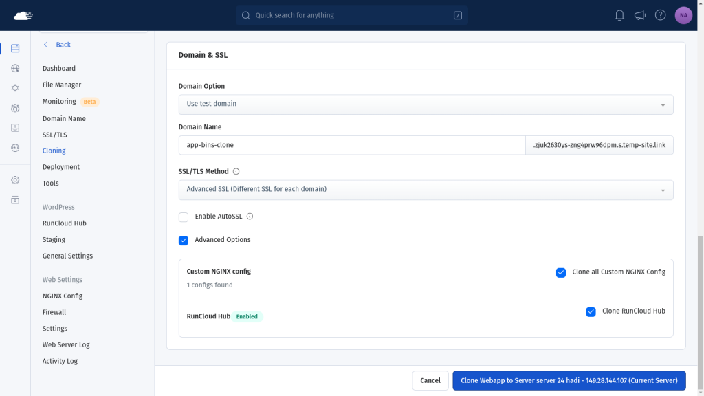 Configure domain name of cloned application on RunCloud