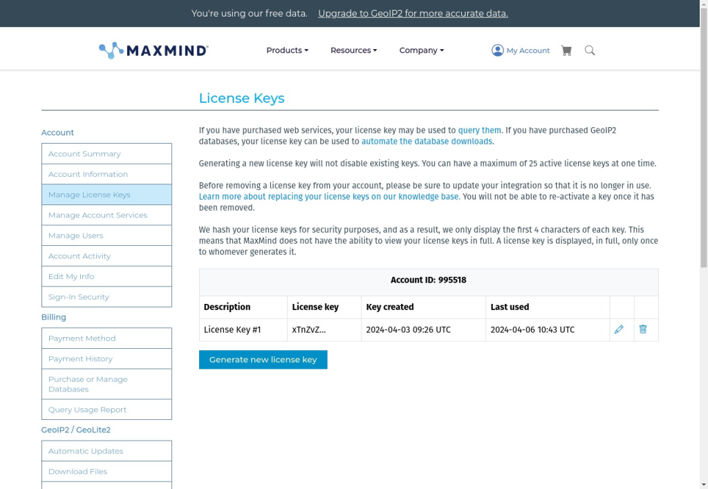 MaxMind dashboard