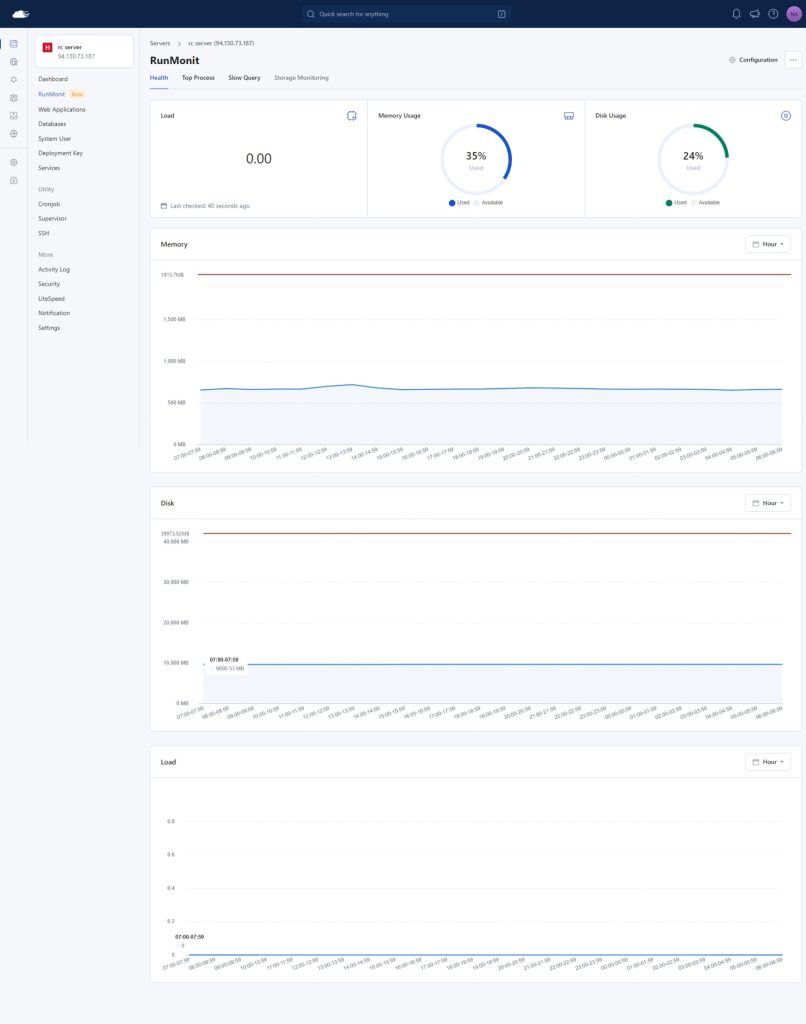 Server load, disk and memory usage on RunCloud