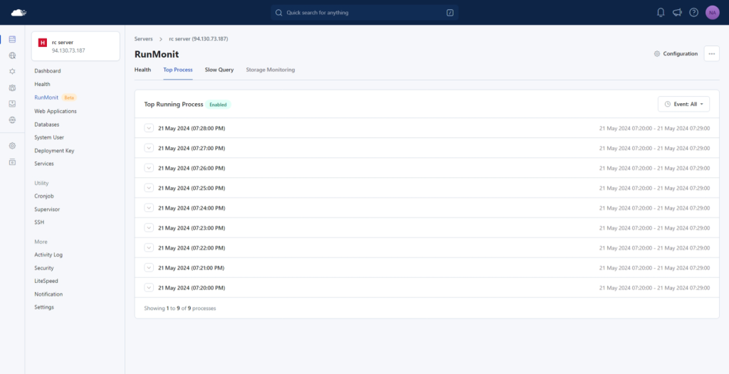 RunCloud Monitoring Data logs in dashboard