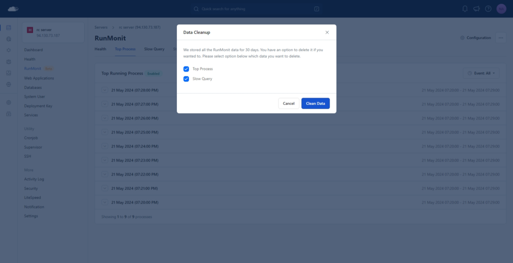 Clearing RunCloud monitoring logs