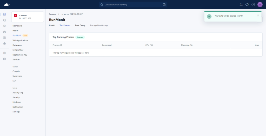 RunCloud Monitoring logs cleared successfully.