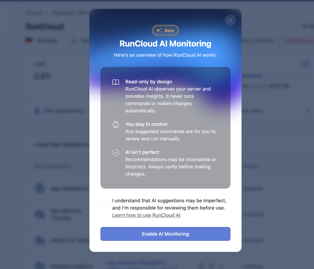 Enable RunCloud AI monitoring.