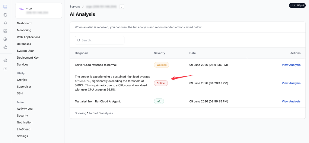 RunCloud AI monitoring analysis
