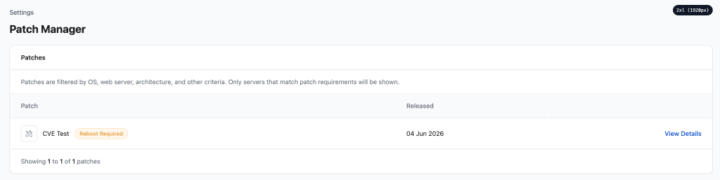 Patch Manager page listing an available patch, its release date, reboot requirement, and View Details link.