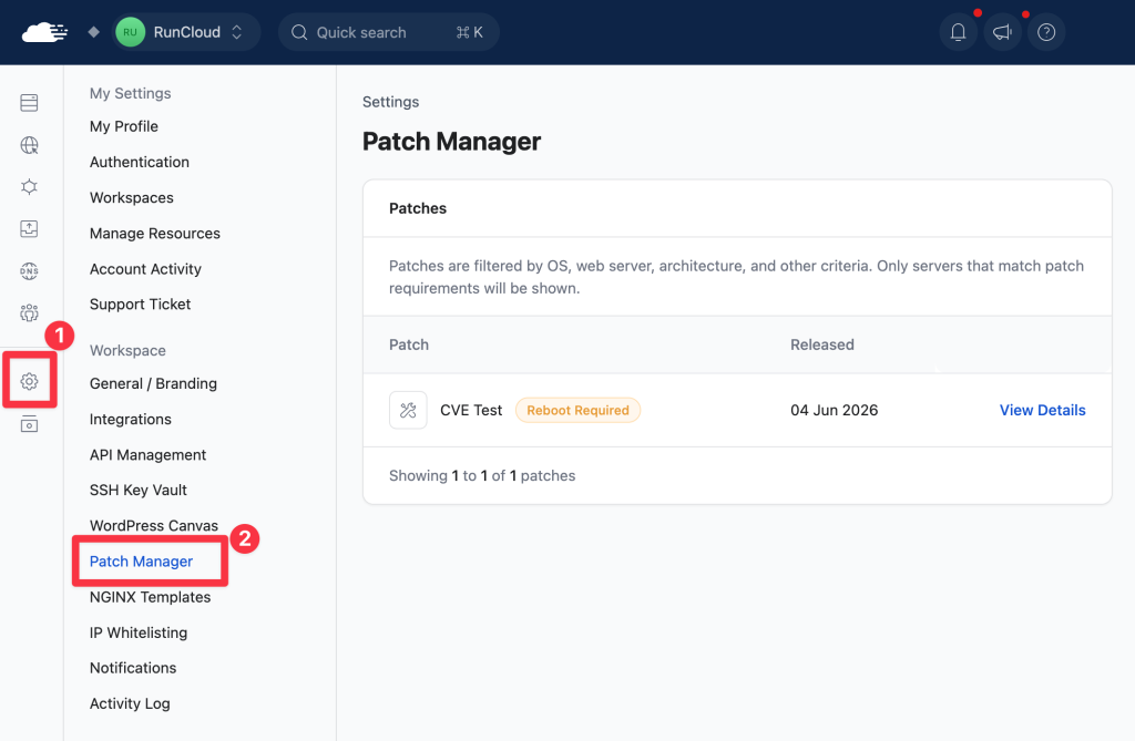 RunCloud Settings page with the Patch Manager option highlighted in the Workspace navigation menu.