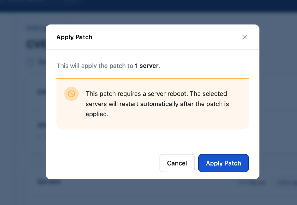 Apply Patch confirmation window warning that the selected server will restart automatically after the patch is applied.