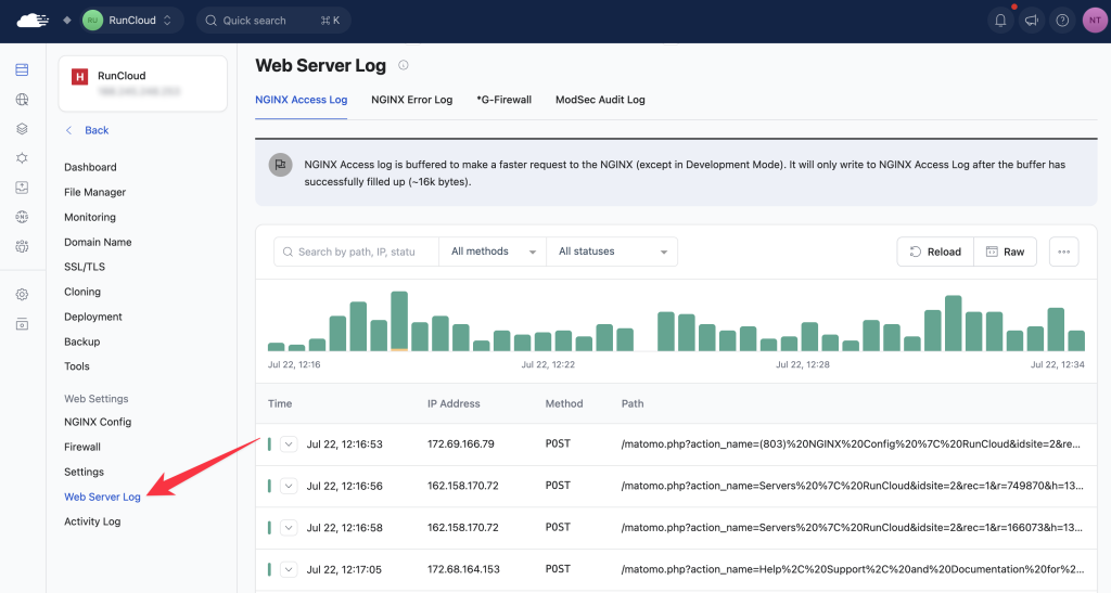 Accessing web server logs in RunCloud