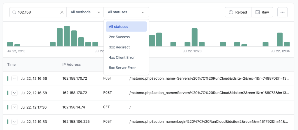 Filter web server logs in RunCloud dashboard