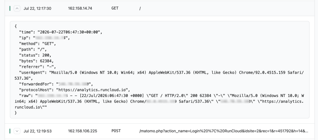View web server logs in RunCloud dashboard