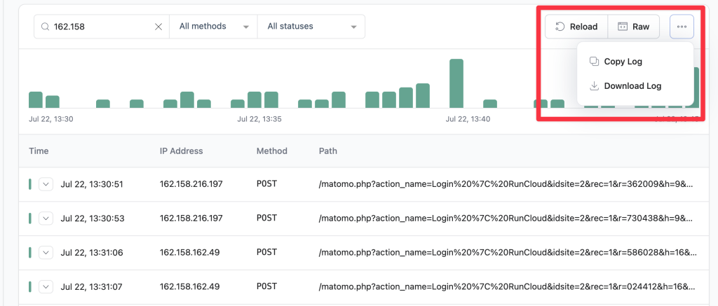 RunCloud download web server logs
