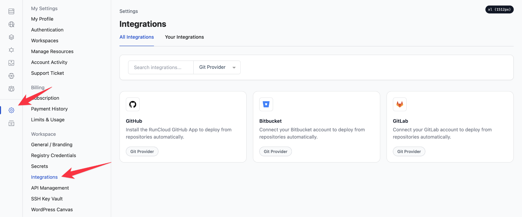RunCloud Integrations tab