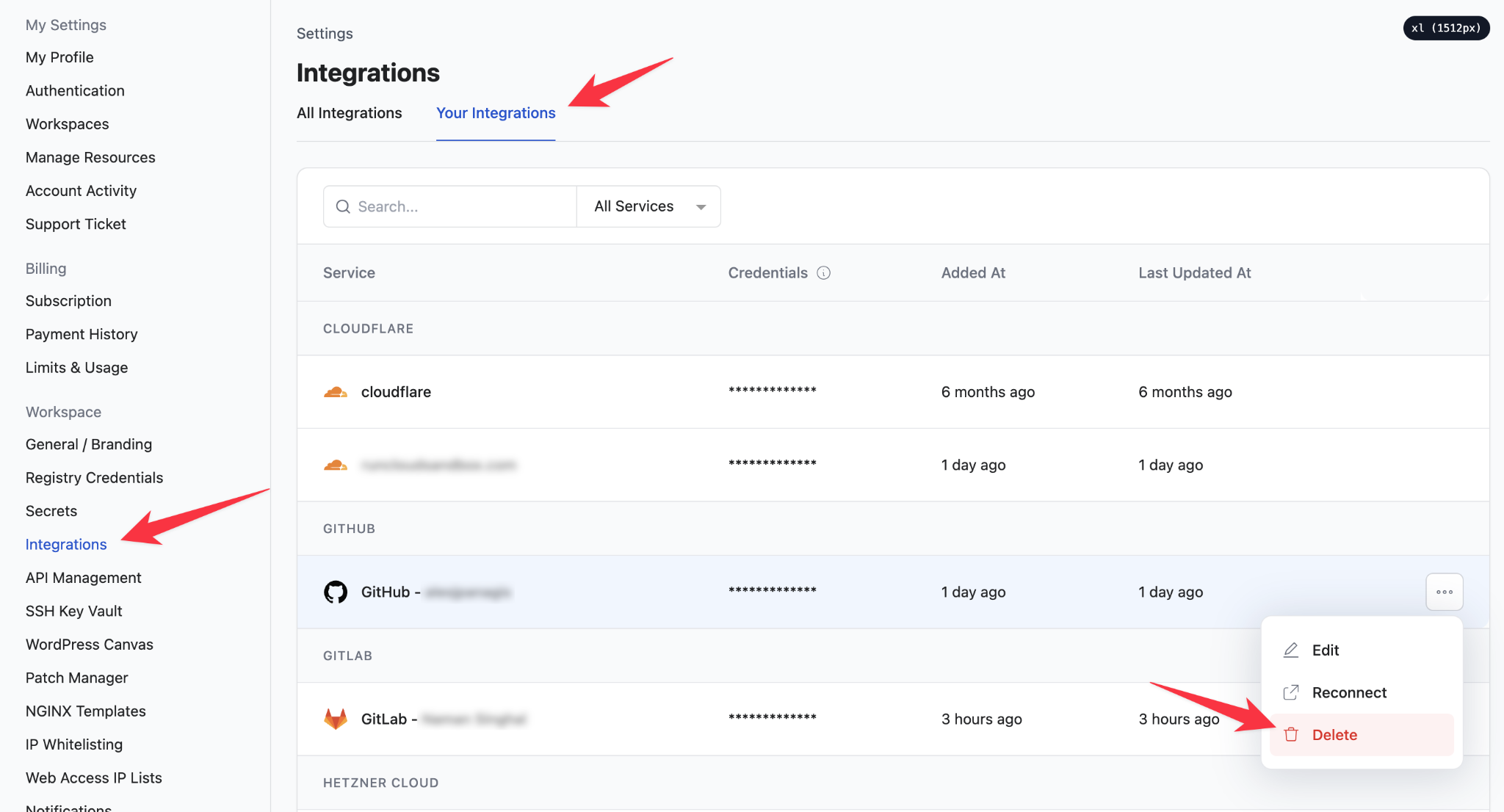 Deleting Integration in RunCloud