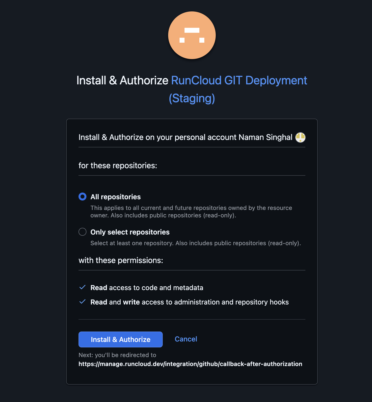 Github authorization screen