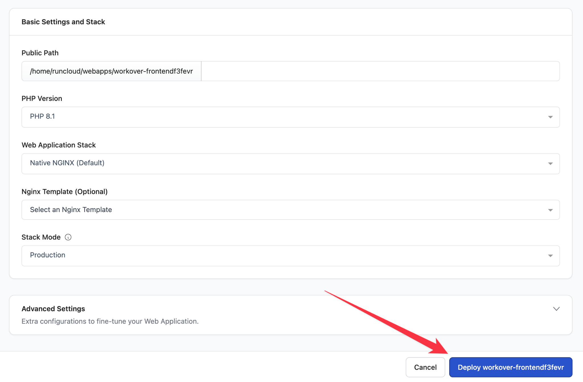 Configure application stack in RunCloud
