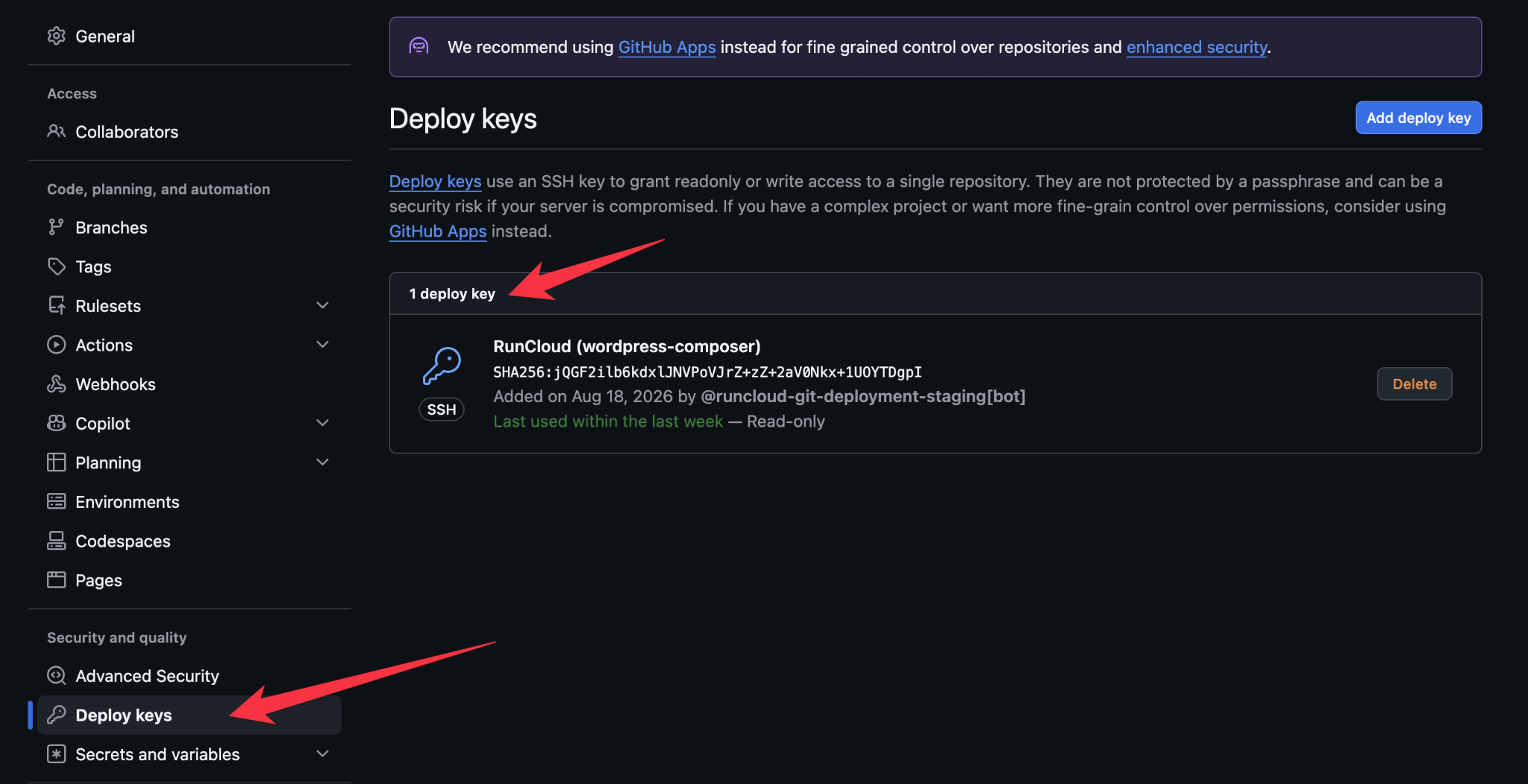 View Deployment keys in GitHub dashboard