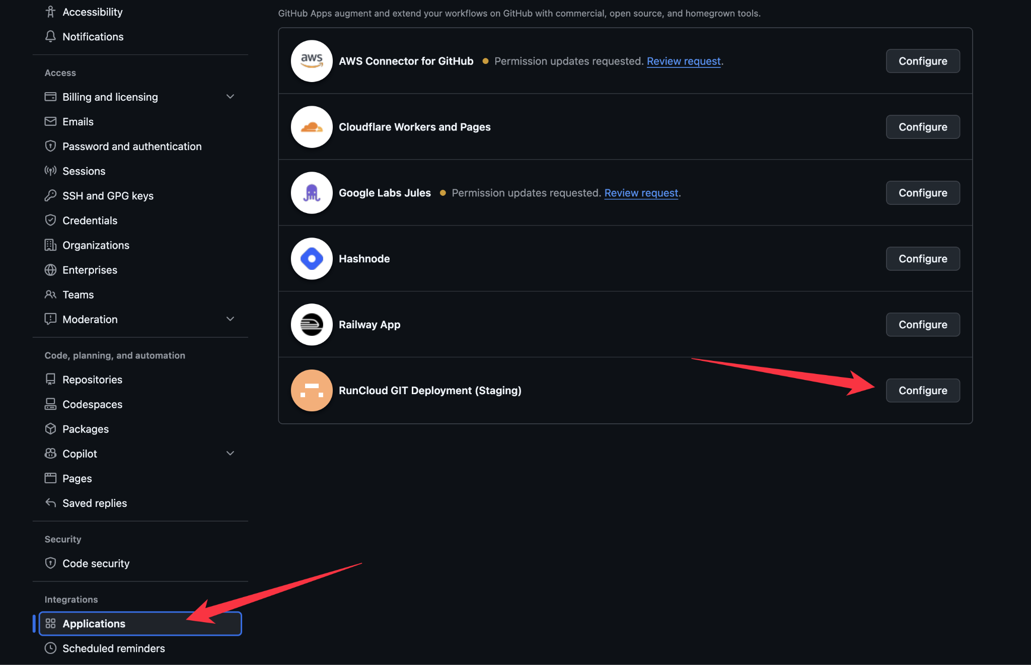 Configure integrations in GitHub dashboard