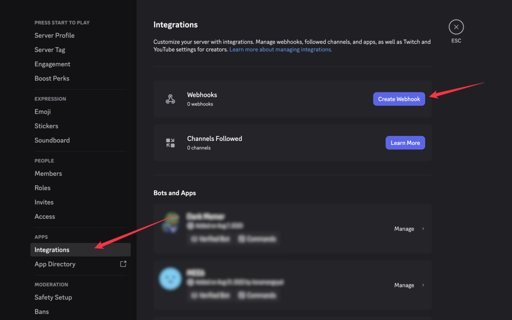 Discord Server Settings Integrations page, with arrows pointing to the Integrations tab and Create Webhook button.