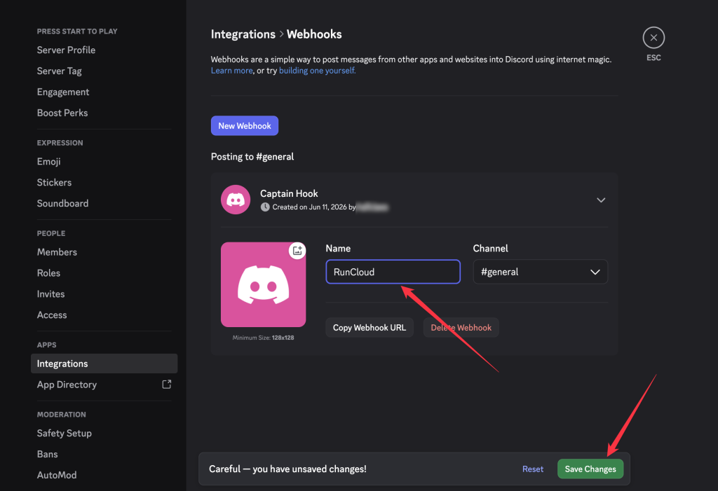 Discord webhook settings with fields for the webhook name and destination channel, plus arrows highlighting Copy Webhook URL and Save Changes.