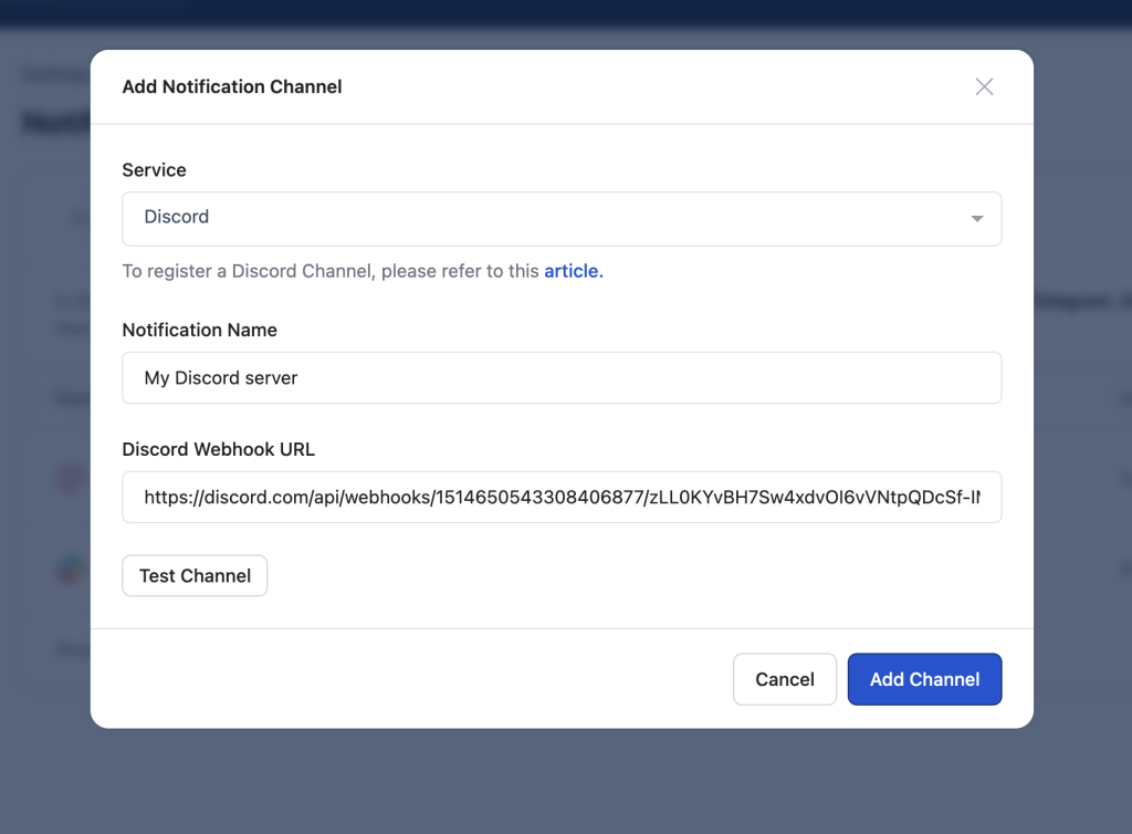 RunCloud Add Notification Channel form configured for Discord, with fields for the notification name and Discord webhook URL.