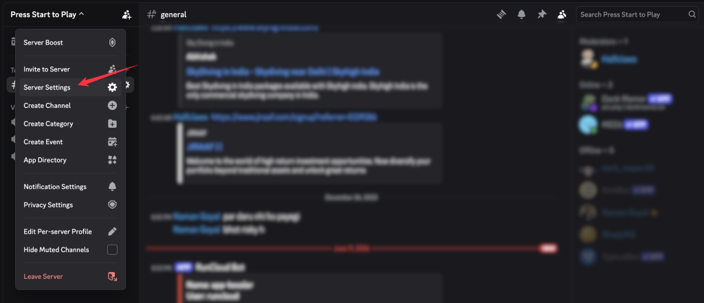 Discord server dropdown menu with the Server Settings option highlighted.