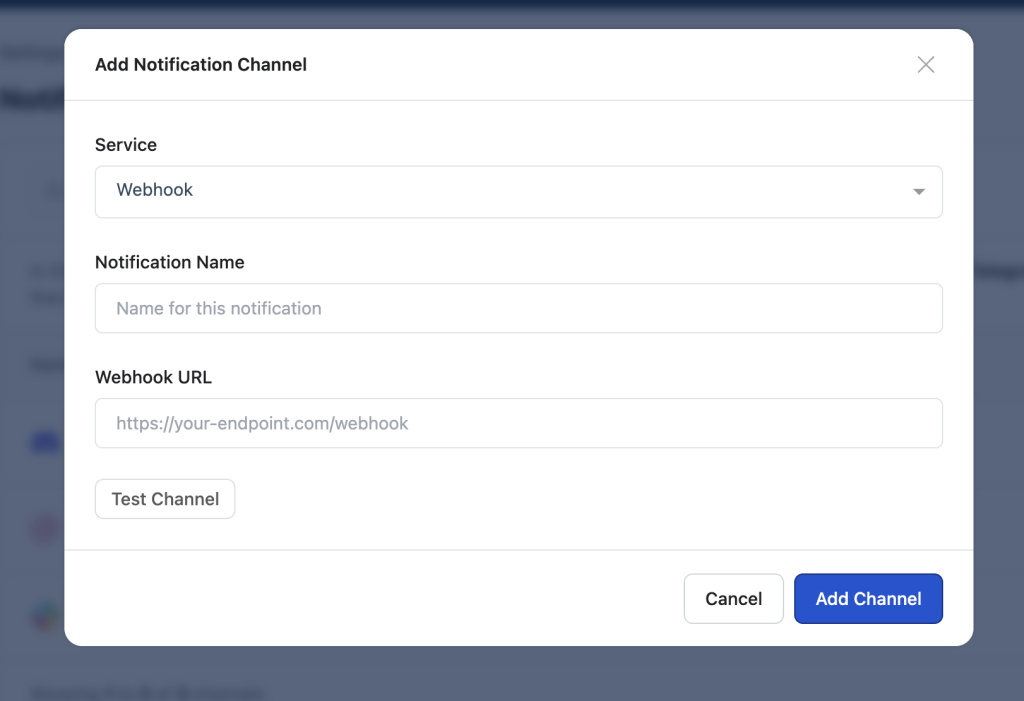 RunCloud Add Notification Channel form configured for a general-purpose webhook, with fields for the notification name and webhook URL.