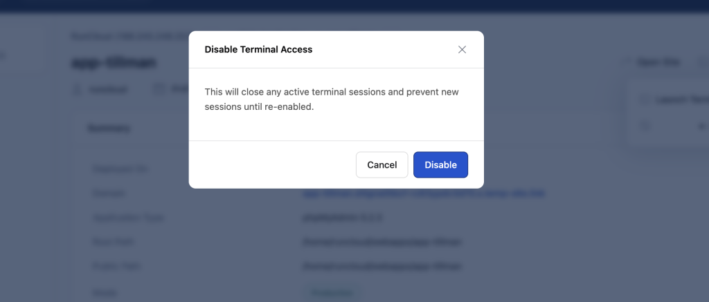 Disable web terminal in RunCloud