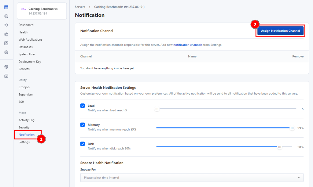 RunCloud server Notification settings, with markers highlighting the Notification tab and the Assign Notification Channel button.