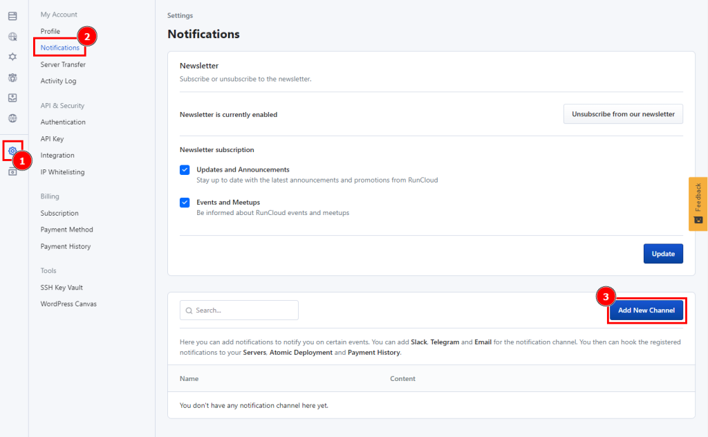 RunCloud Notifications settings page, with numbered markers showing the Notifications tab, the notification settings panel, and the Add New Channel button.
