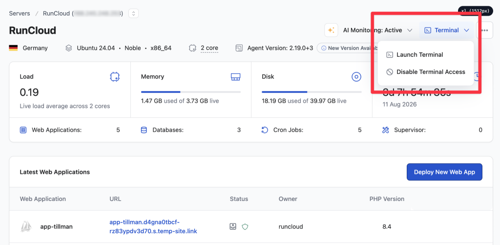 Launch terminal in RunCloud