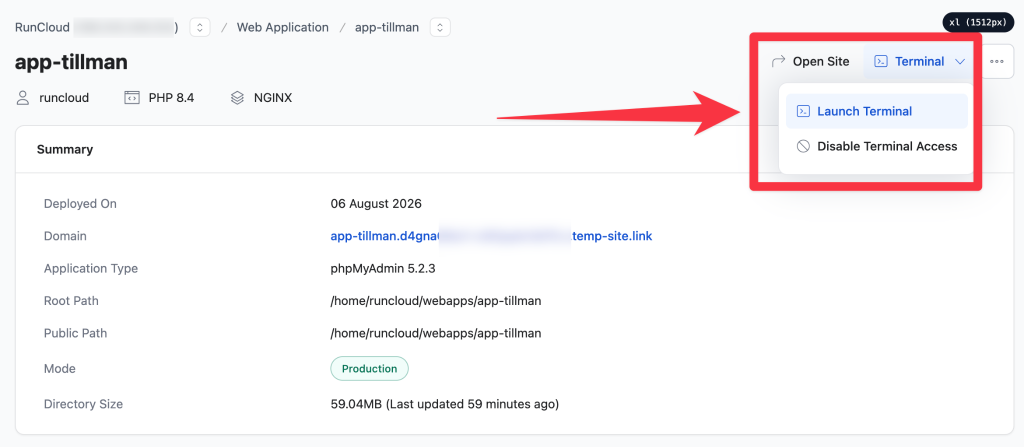 Launch application terminal in RunCloud